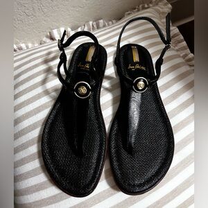 Sam Edelman Black Leather T-Strap Sandals with Gold Accent